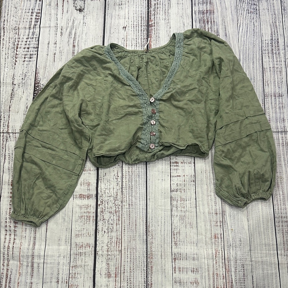 Free People Sage Green Cropped Boho Button Blouse